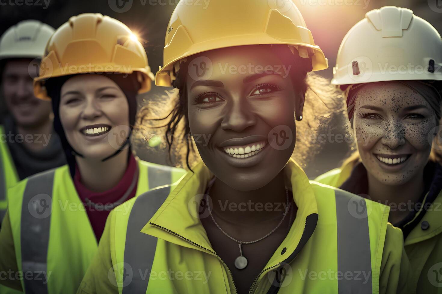 A team of female construction engineers. Female managers of different nationalities are working together. Neural network photo