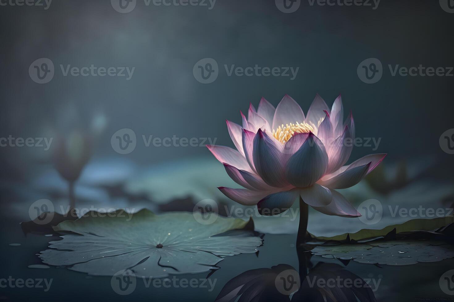 White lotus lilies in lake water. Natural beautiful flowers blossom in forest wildlife. Neural network photo