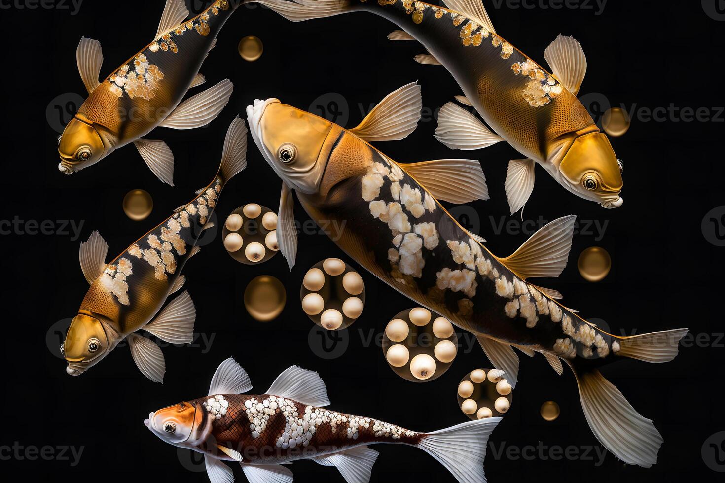 Golden koi fish on black background. Neural network photo