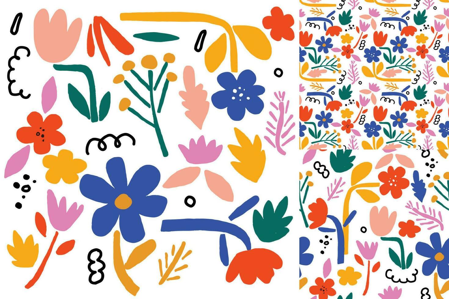 Abstract Floral Hand Drawn Elements Seamless Pattern Vector Set