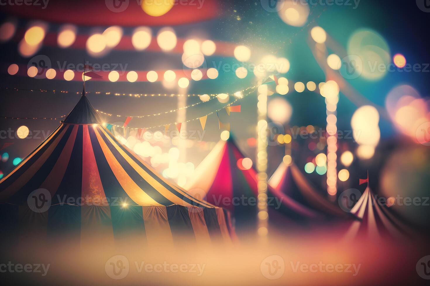 Night view of a circus tents and many light lamps with blurred background. Neural network photo