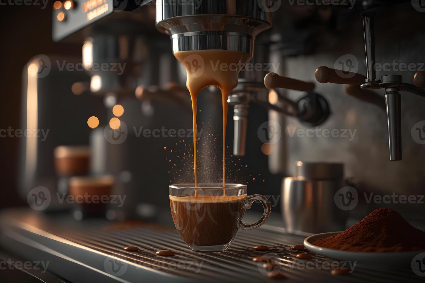 Coffee made in professional espresso machine pouring into a cup. Neural network photo