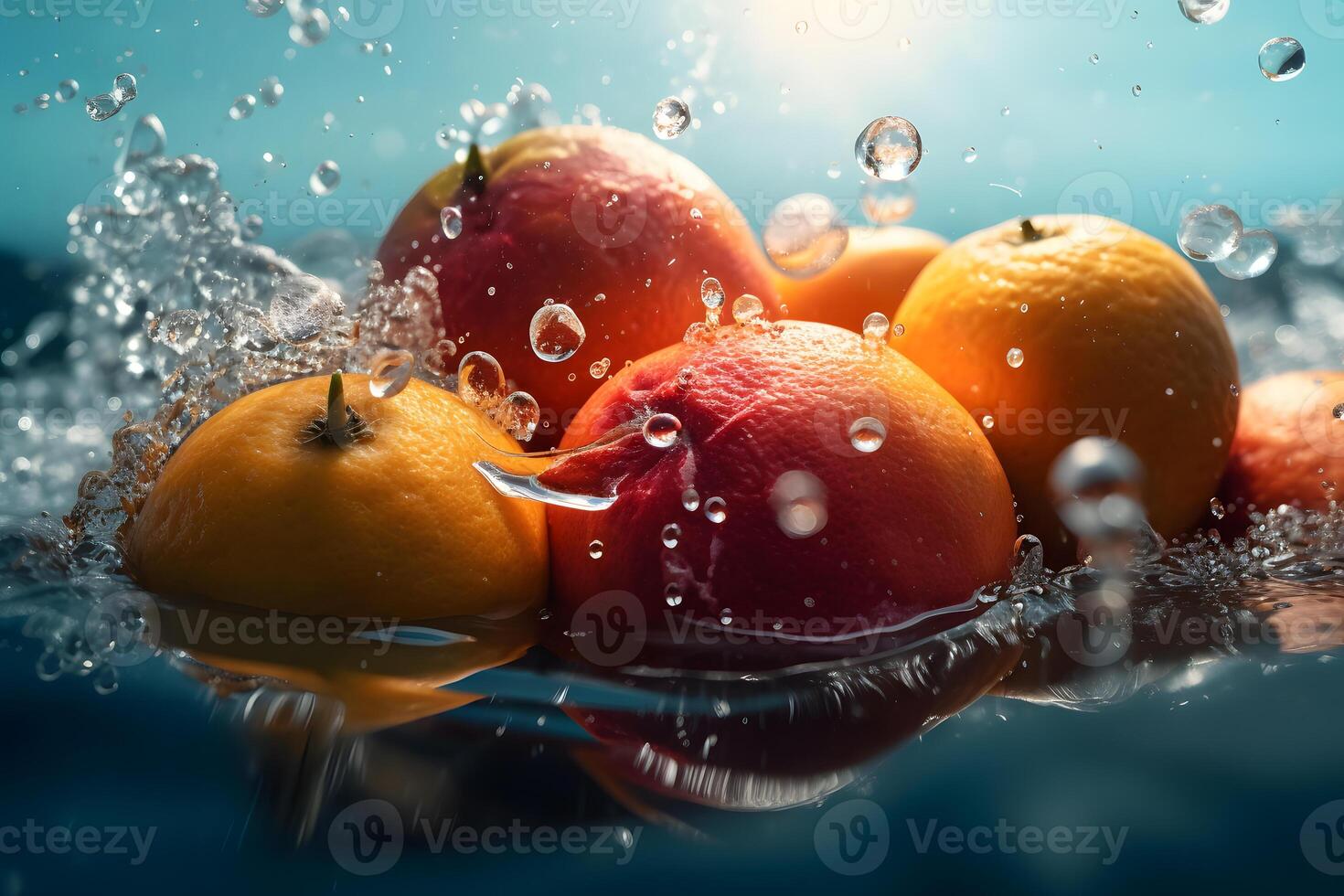 Tropical fruits fall deeply under water with a big splash. Neural network photo