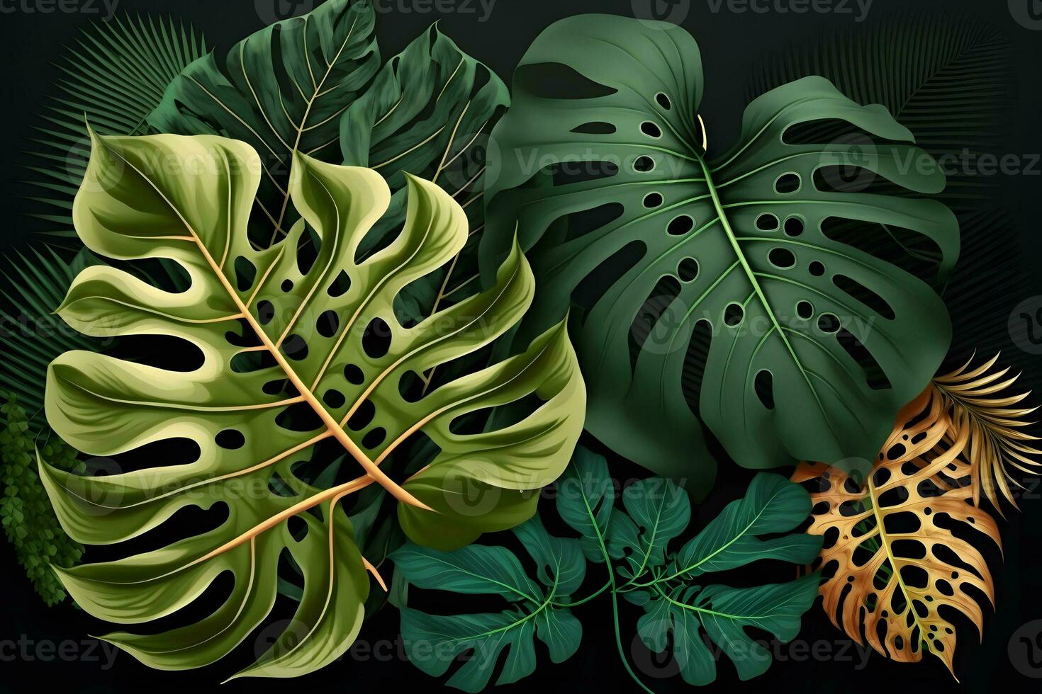 Tropical palm leaves jungle leaf background. Neural network generated art photo