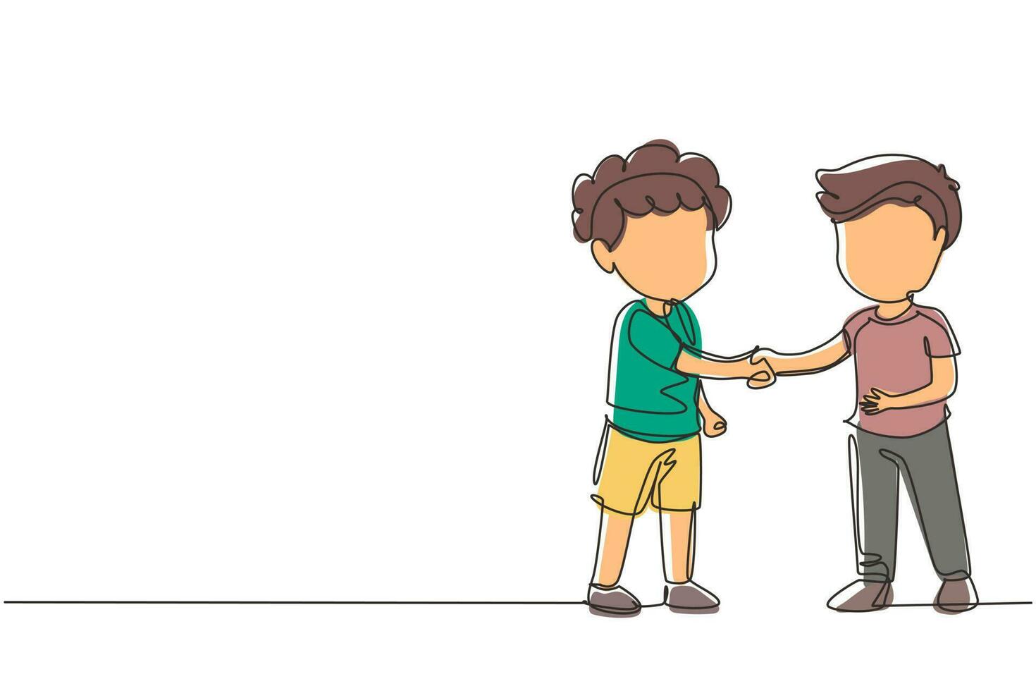 Single one line drawing boys standing and shaking hands making friendship. Children introduce themselves. Cute boys touching each other's hand. Continuous line draw design graphic vector illustration