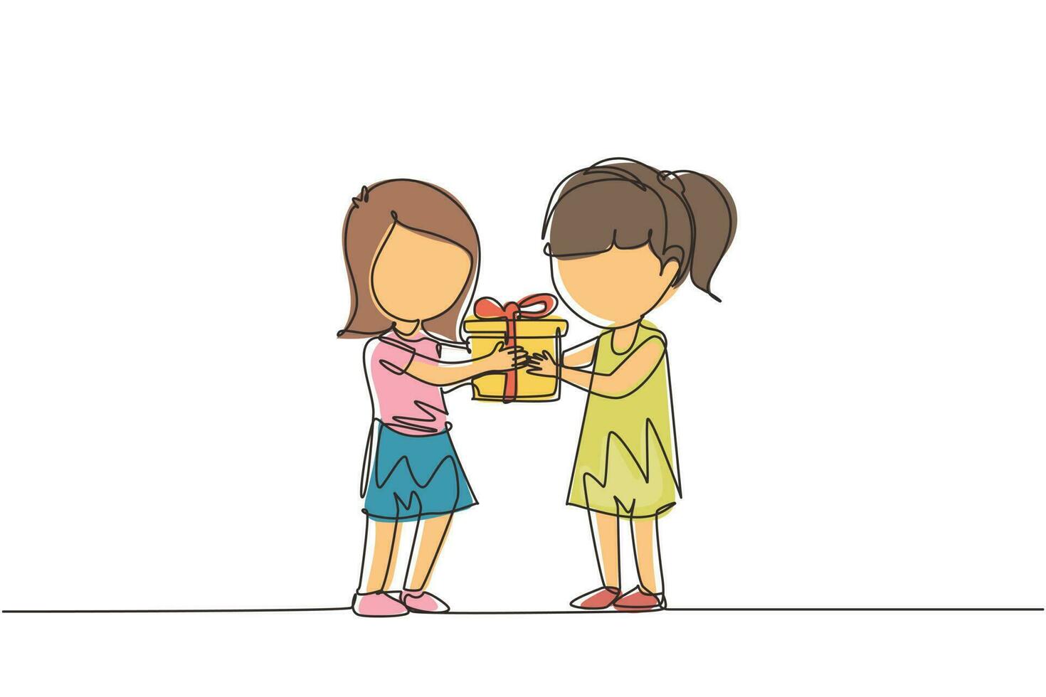 Single one line drawing girl giving her friend birthday ribbon bow gift box. Children excited receiving gift from friend. Child hand over holiday present. Continuous line draw design graphic vector