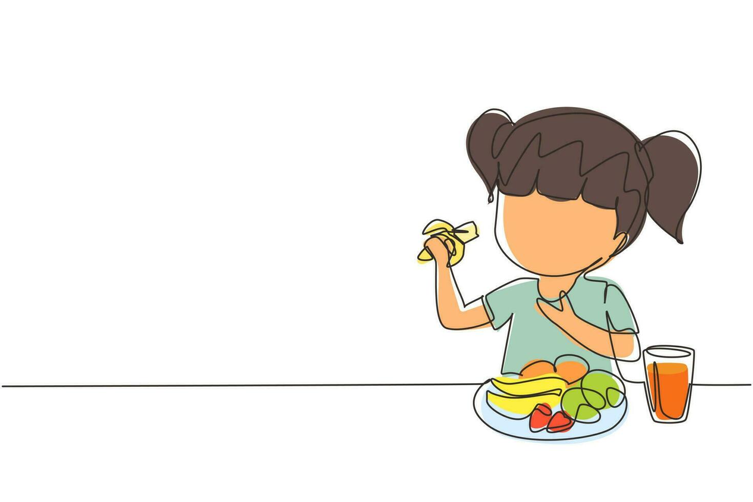 Single continuous line drawing girl eating fruit. Sitting near table eating orange. Watermelon and banana in tray placed on table at home. Healthy food for kids. One line draw graphic design vector