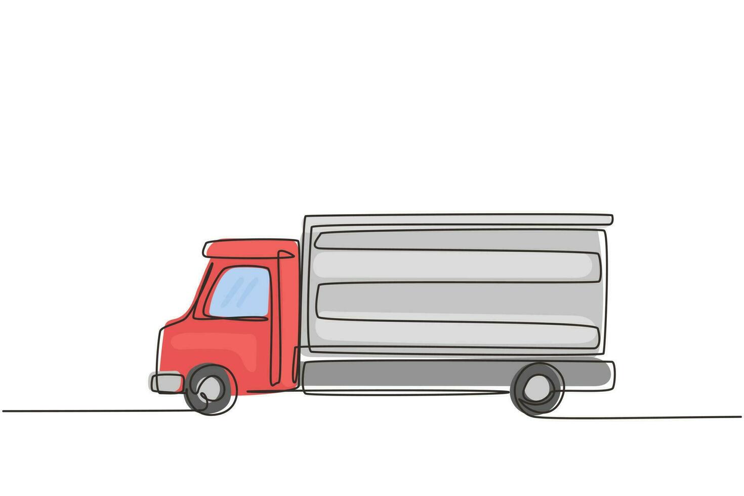 Single continuous line drawing cargo truck for shipment. Delivery of cargo. Heavy automobile. Auto in flat design. Children's toy cargo truck. Dynamic one line draw graphic design vector illustration