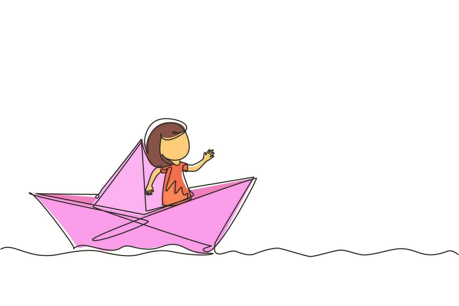 Single continuous line drawing cute smiling little girl sailing on paper boat. Happy smiling kid having fun and playing sailor in imaginary world. One line draw graphic design vector illustration
