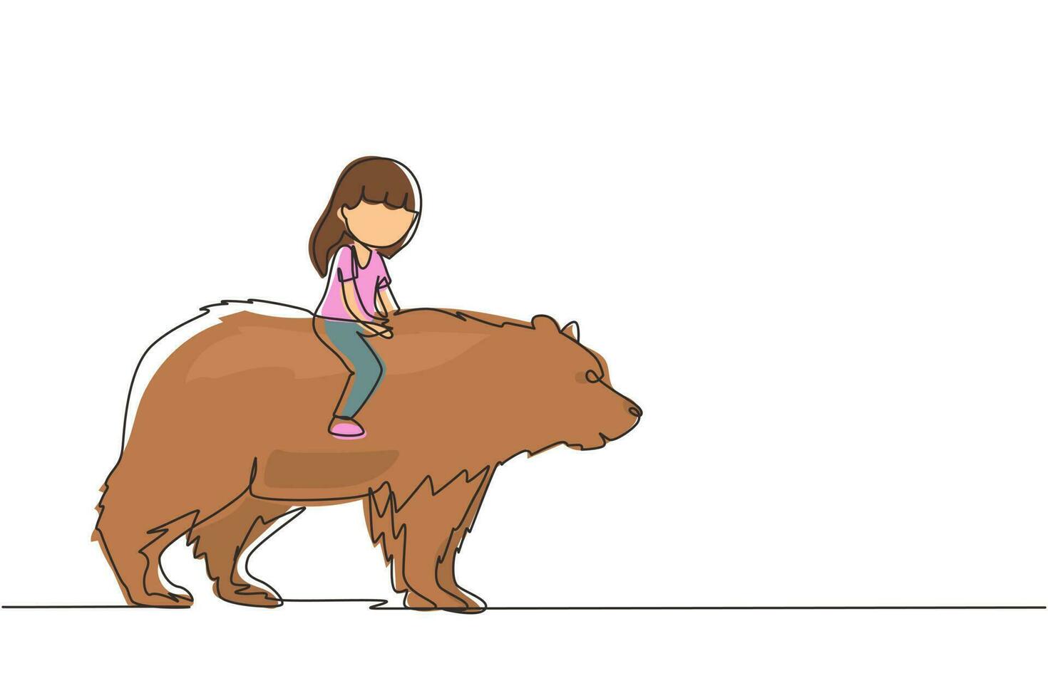 Single one line drawing happy little girl riding brown grizzly bear. Child sitting on back big bear at circus event. Kids learning to ride beast animal. Continuous line draw design graphic vector