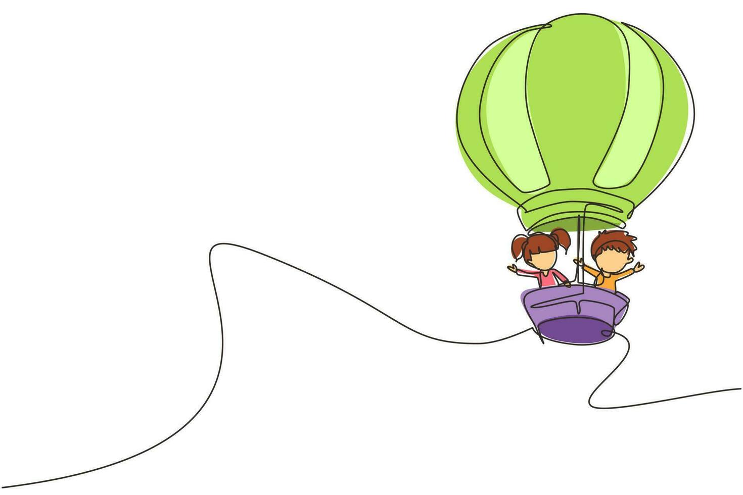 dibujo de una sola línea niños felices montando un globo aerostático. volando niños pequeños sonrientes y encantadores con globo aerostático en vacaciones de primavera. ilustración de vector gráfico de diseño de dibujo de línea continua