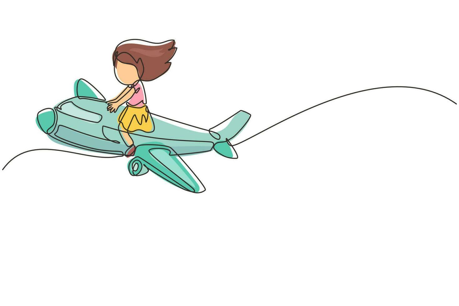 Single one line drawing cute little girl riding plane. Happy kids on airplane. Children riding airplane, summer journey, travel concept. Modern continuous line draw design graphic vector illustration