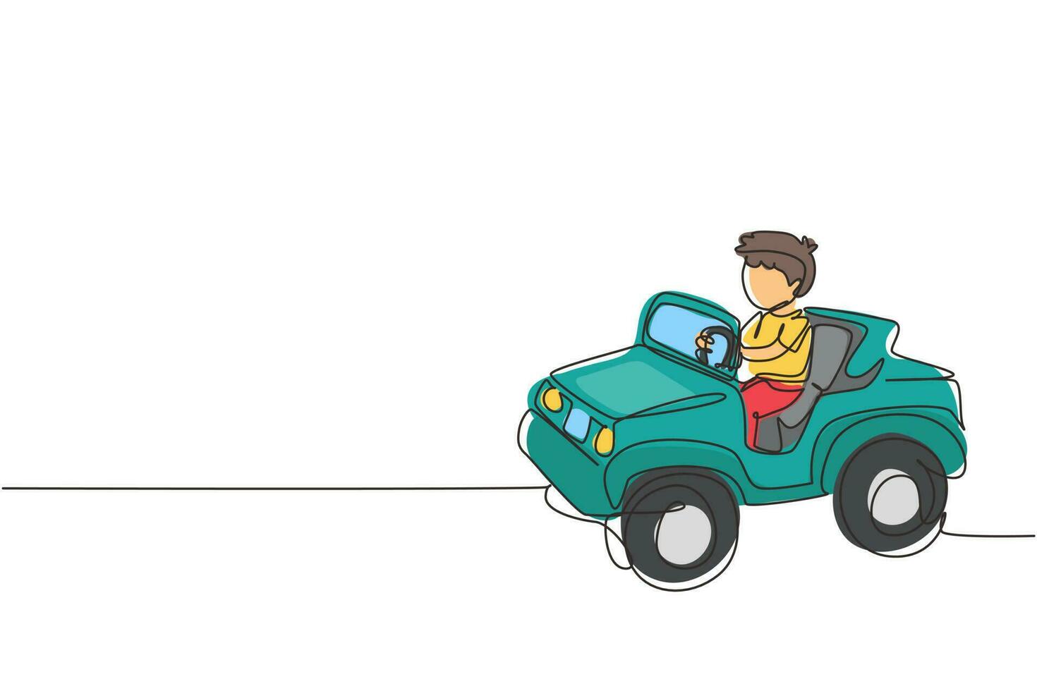 niño de dibujo de una sola línea conduciendo coche, niño lindo feliz. lindo niño sonriendo feliz conduciendo un coche de juguete. viaje de niños en coche pequeño. ilustración de vector gráfico de diseño de dibujo de línea continua moderna