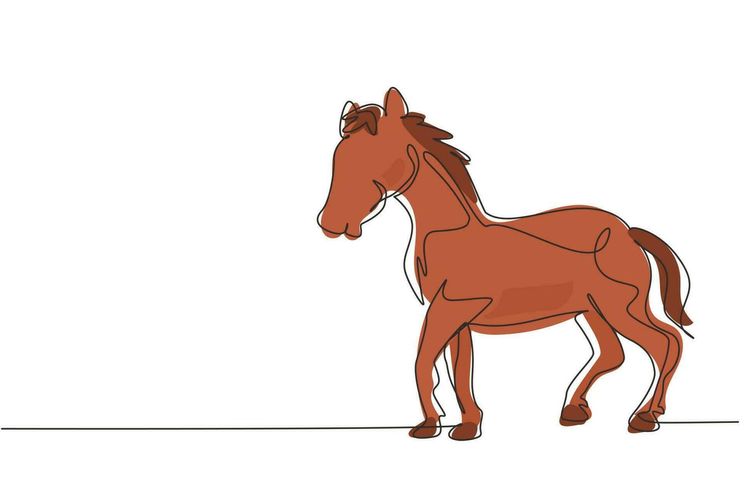 Single continuous line drawing proud white horse walks gracefully with its front hoof forward. Wild mustang gallops in free nature. Domesticated horse. One line draw graphic design vector illustration