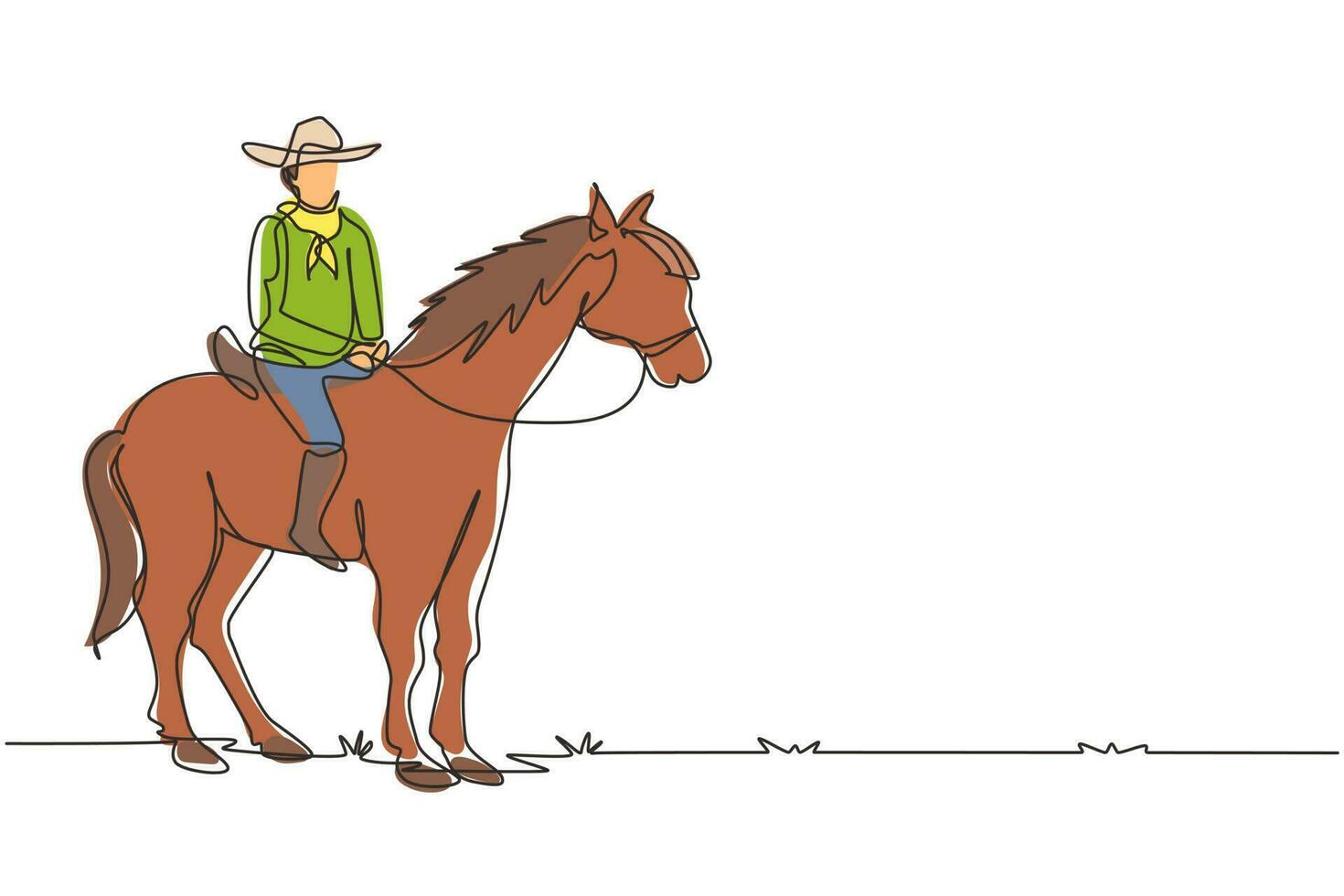 Single continuous line drawing young man with cowboy hat riding horse. Senior men pose elegance on horseback. Cowboy riding standing horse. Dynamic one line draw graphic design vector illustration