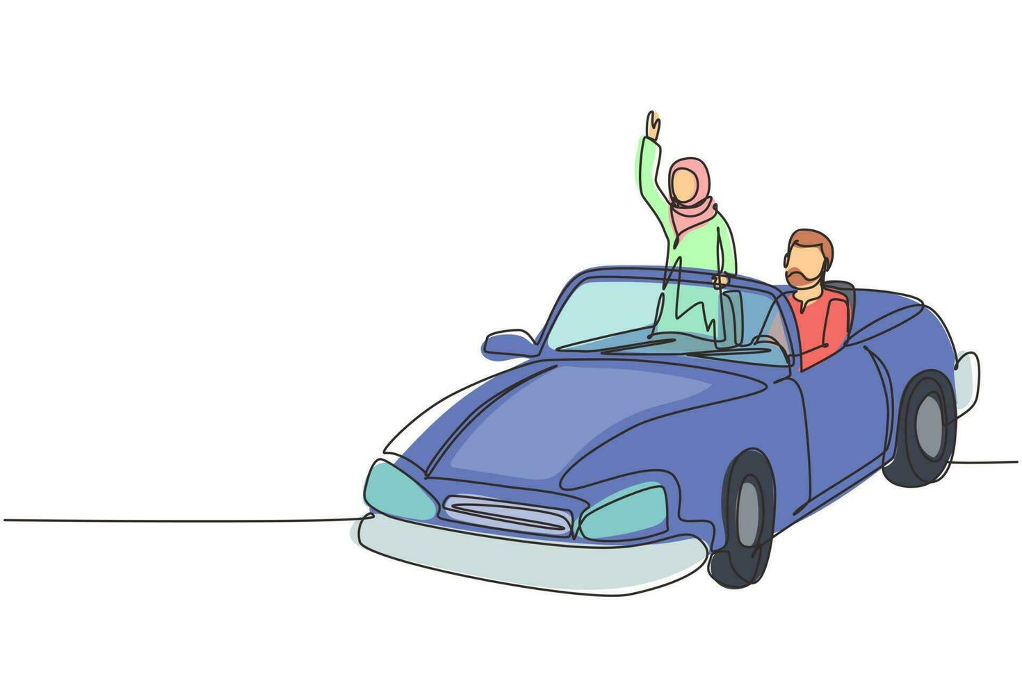 Single continuous line drawing happy Arabian couple riding car going on road trip. Romantic man and woman driving in cabriolet car. Couple summer vacation travel. One line draw graphic design vector