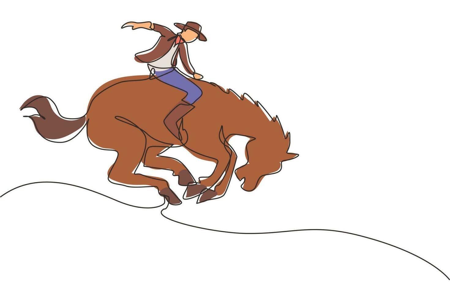 Single one line drawing cowboy taming wild horse at rodeo. cowboy on wild horse mustang. Rodeo cowboy riding wild horse on wooden sign. Modern continuous line draw design graphic vector illustration