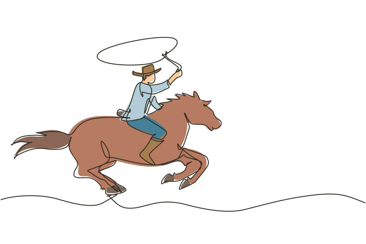 Continuous one line drawing cowboy on horse galloping across desert. Cowboy on bucking horse running with lasso. Cowboy with rope lasso on horse. Single line draw design vector graphic illustration