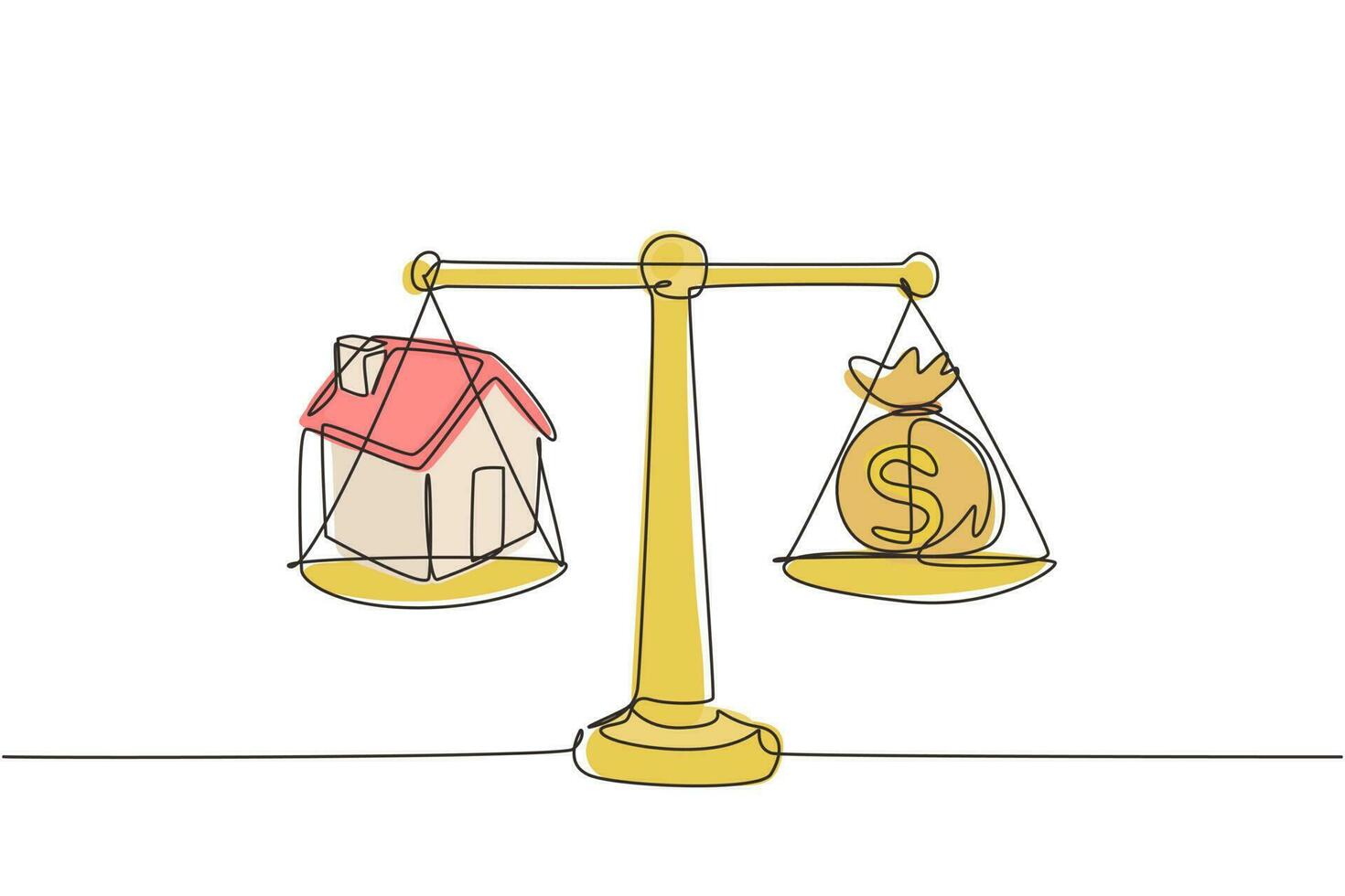 Single one line drawing house money sack scales concept with house on one side and sack of money on the other. Sale and purchase concept. Modern continuous line draw design graphic vector illustration