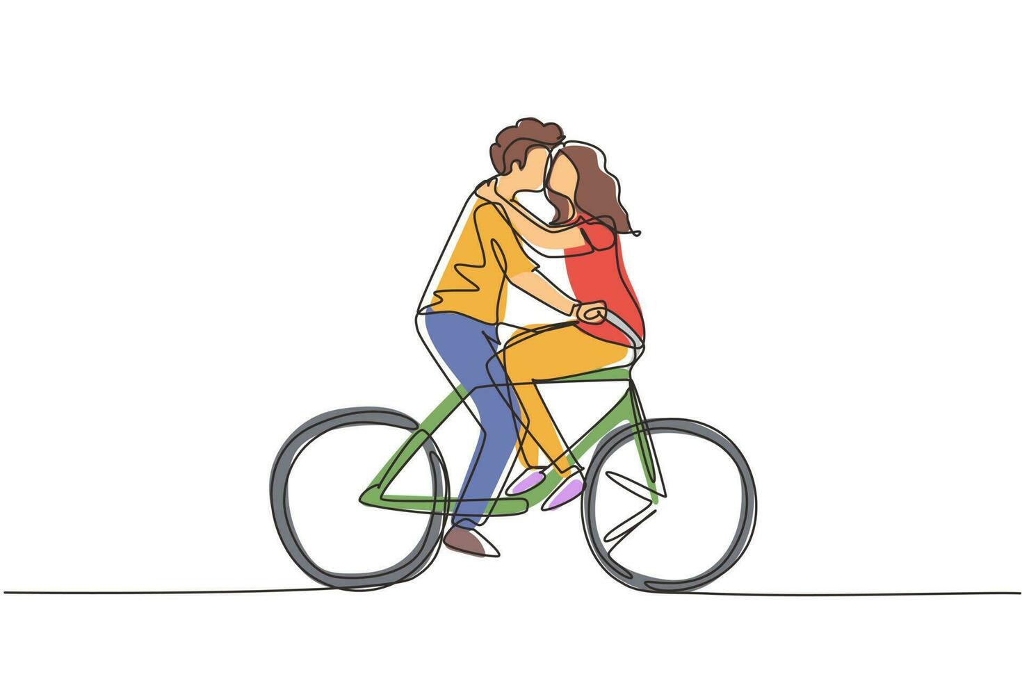 dibujo de una sola línea continua pareja activa montando en bicicleta juntos. feliz enamorado hombre y mujer ciclista abrazando sintiendo amor. gente sonriente disfrutando de la actividad al aire libre. vector gráfico de dibujo de una línea