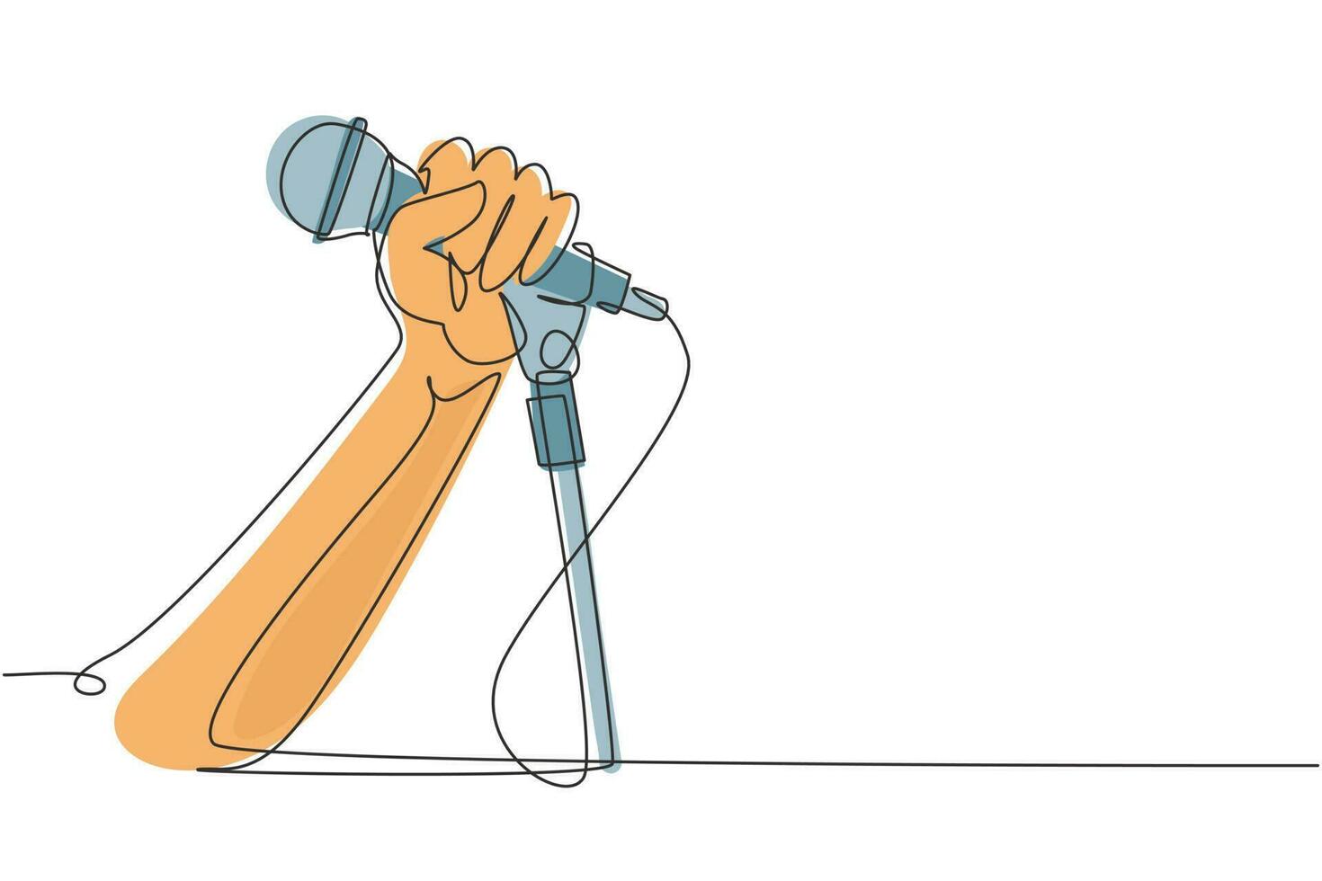Continuous one line drawing singer using microphone. Karaoke people sings the song to microphone. Stand up comedian holding microphone in his hand. Single line draw design vector graphic illustration
