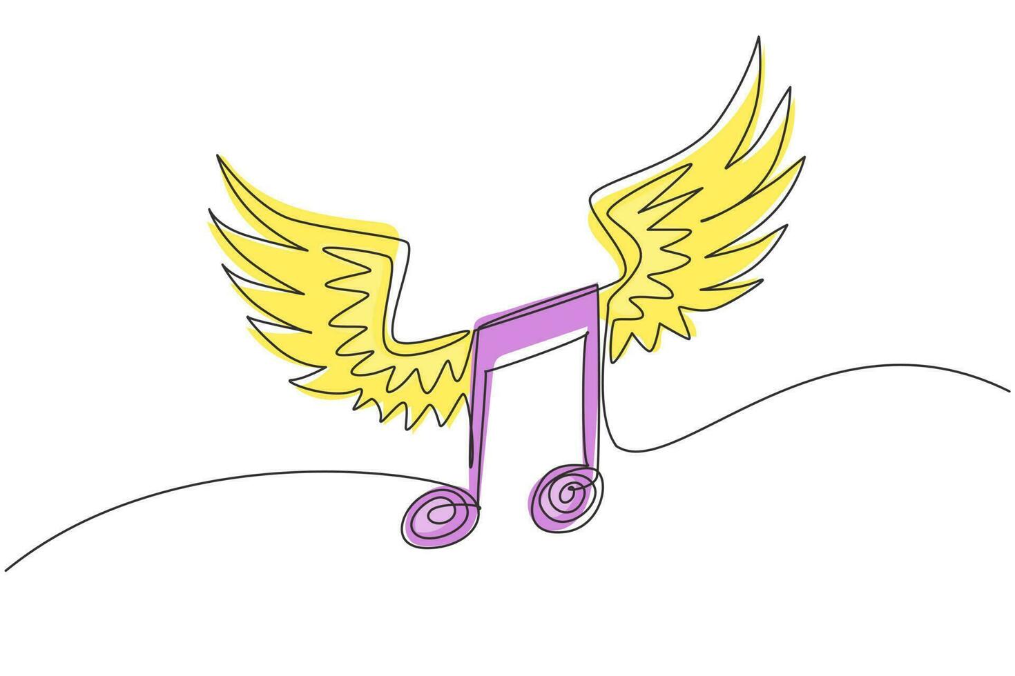 Single continuous line drawing musical notation with wings. Music symbol. Classic melody sign in flat design. Chords icon silhouette. Key note for piano and guitar. One line draw graphic design vector