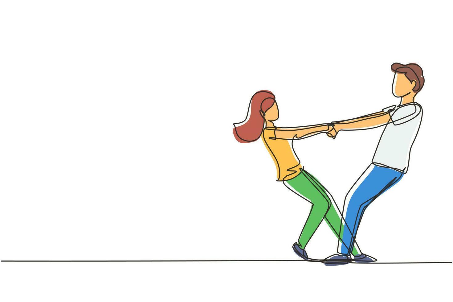 dibujo de una sola línea feliz lindo hombre y mujer bailando en el suelo en el parque. romántica joven pareja de novios cogidos de la mano y dando vueltas. ilustración de vector gráfico de diseño de dibujo de línea continua