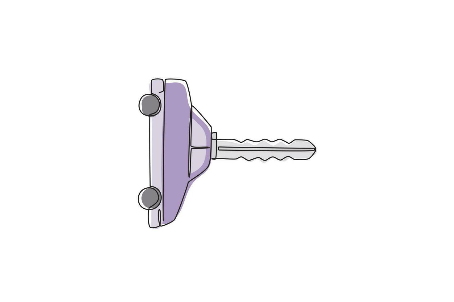 Continuous one line drawing car key with car shape. Keyring car and remote control key in vehicle interior. Modern car flip key isolated on white. Single line draw design vector graphic illustration