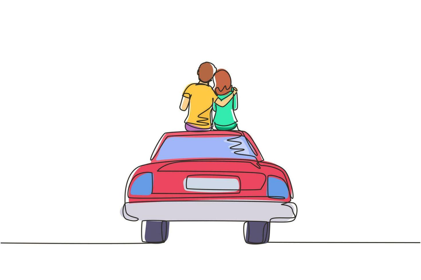 una sola línea dibujando una pareja amorosa sentada en el auto antiguo. pareja feliz preparándose para la boda. compromiso y relaciones amorosas. ilustración de vector gráfico de diseño de dibujo de línea continua moderna