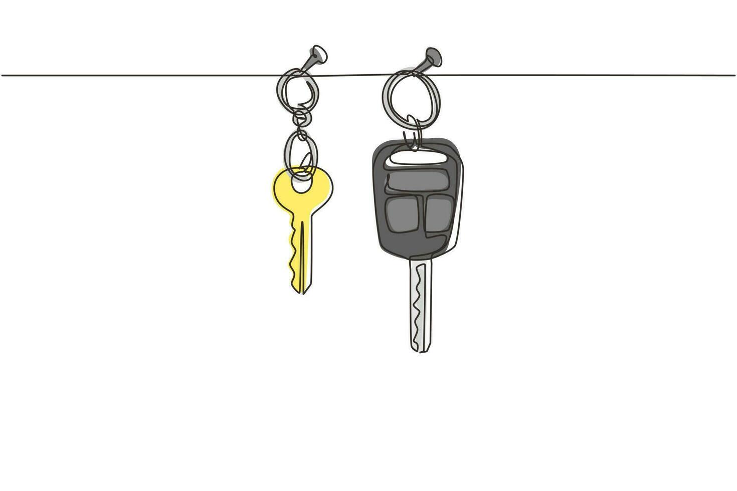 Single continuous line drawing car and house keys hanging on wall. Security key property. Real Estate concept, template for sales, rental, advertising. Dynamic one line draw graphic design vector