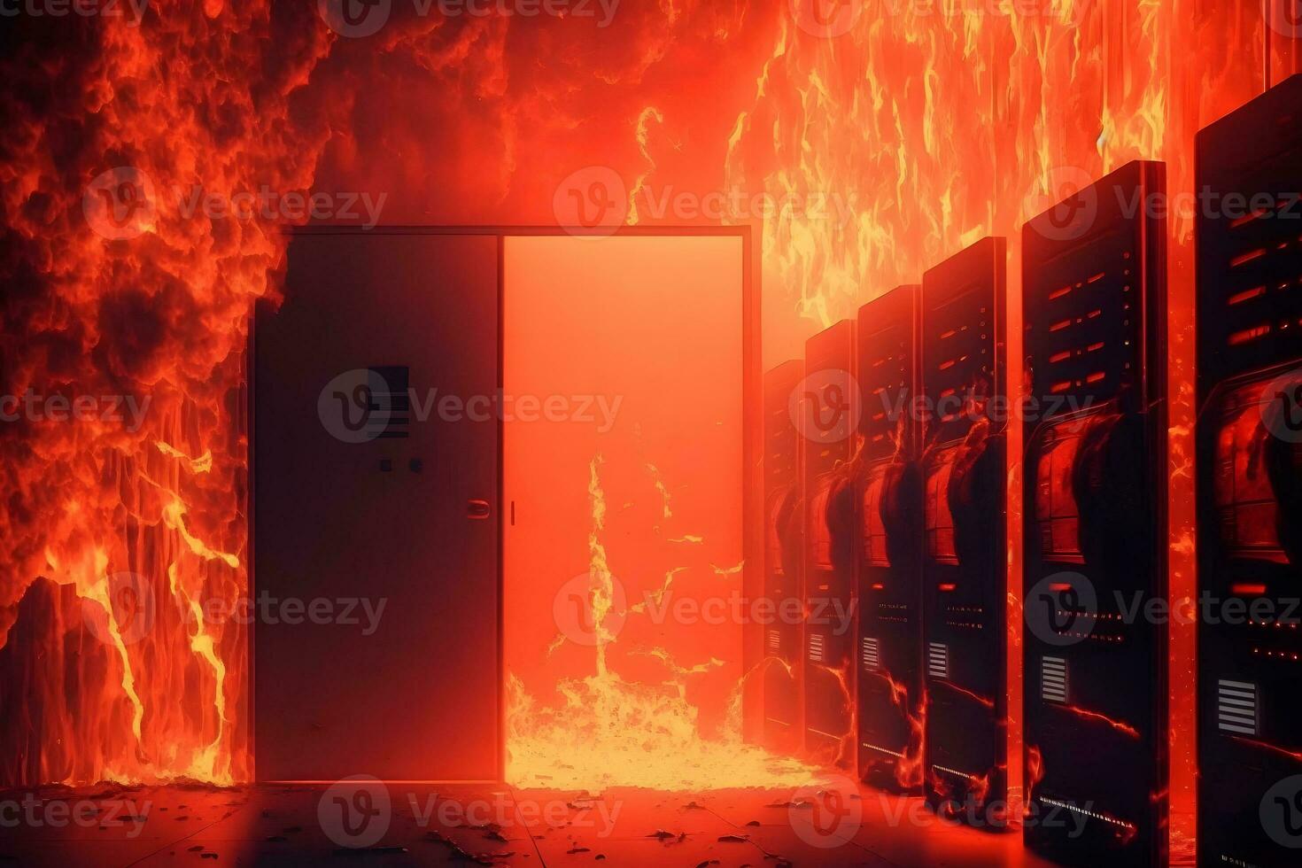 Disaster in server room or data center storage room on fire burning. Neural network generated art photo
