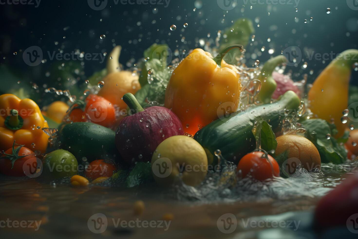 Vegetables splash in water on black background. Neural network photo