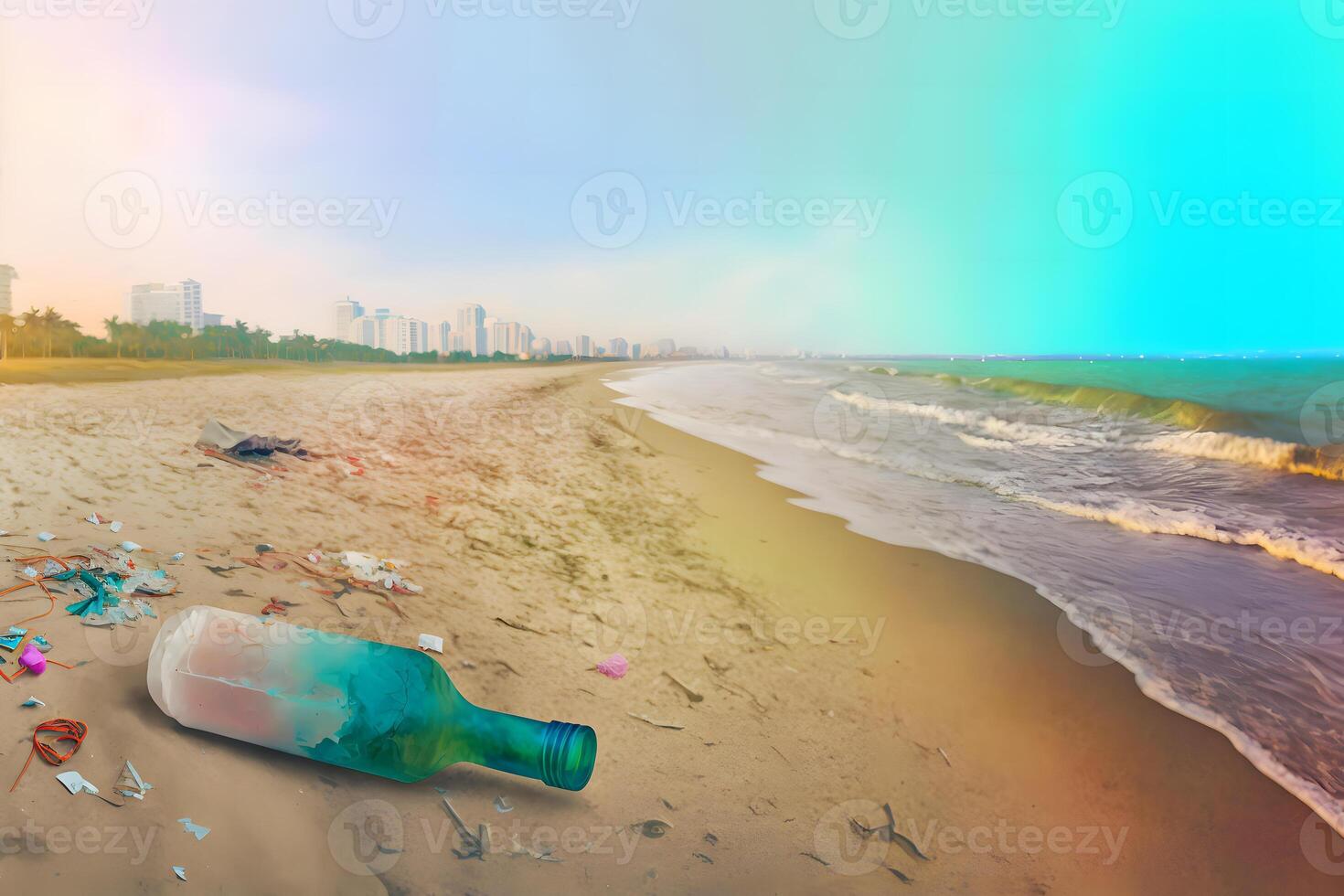 Spilled garbage on beach of big city. Empty used dirty plastic bottles. Dirty sea sandy shore the Black Sea. Environmental pollution. Ecological problem. Neural network photo