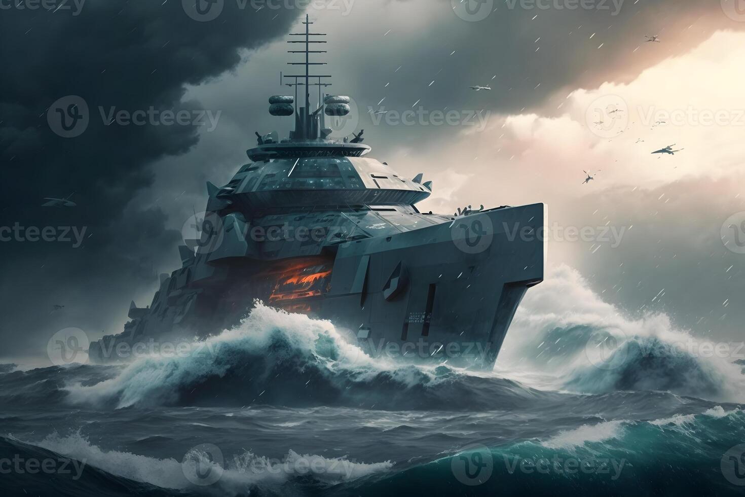 Warship at sea during a storm. Neural network art photo