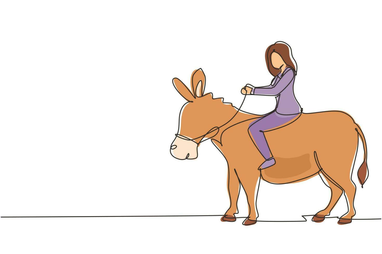 Continuous one line drawing businesswoman riding donkey. Business woman rides donkey. Driving donkey. Goal achievement concept. Business competition. Single line design vector graphic illustration