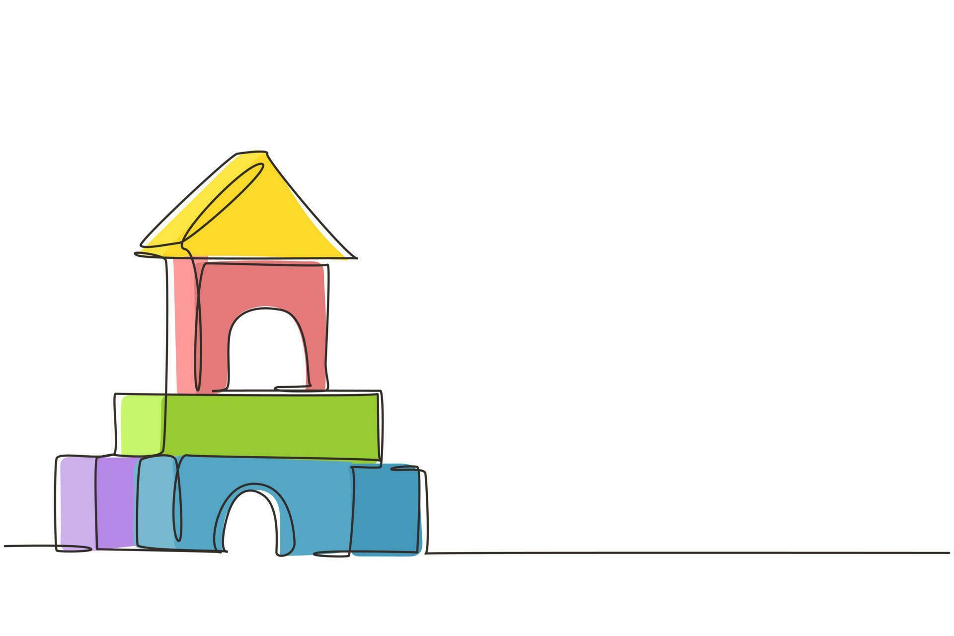 Single One Line Drawing Brick House House Made Of Wooden Blocks Single One Line Drawing Brick House House Made Of Wooden Blocks Wooden Cubes Toy Building Blocks For Kids Children Constructor Wooden Toy Continuous Line Draw Design Graphic Illustration Vector