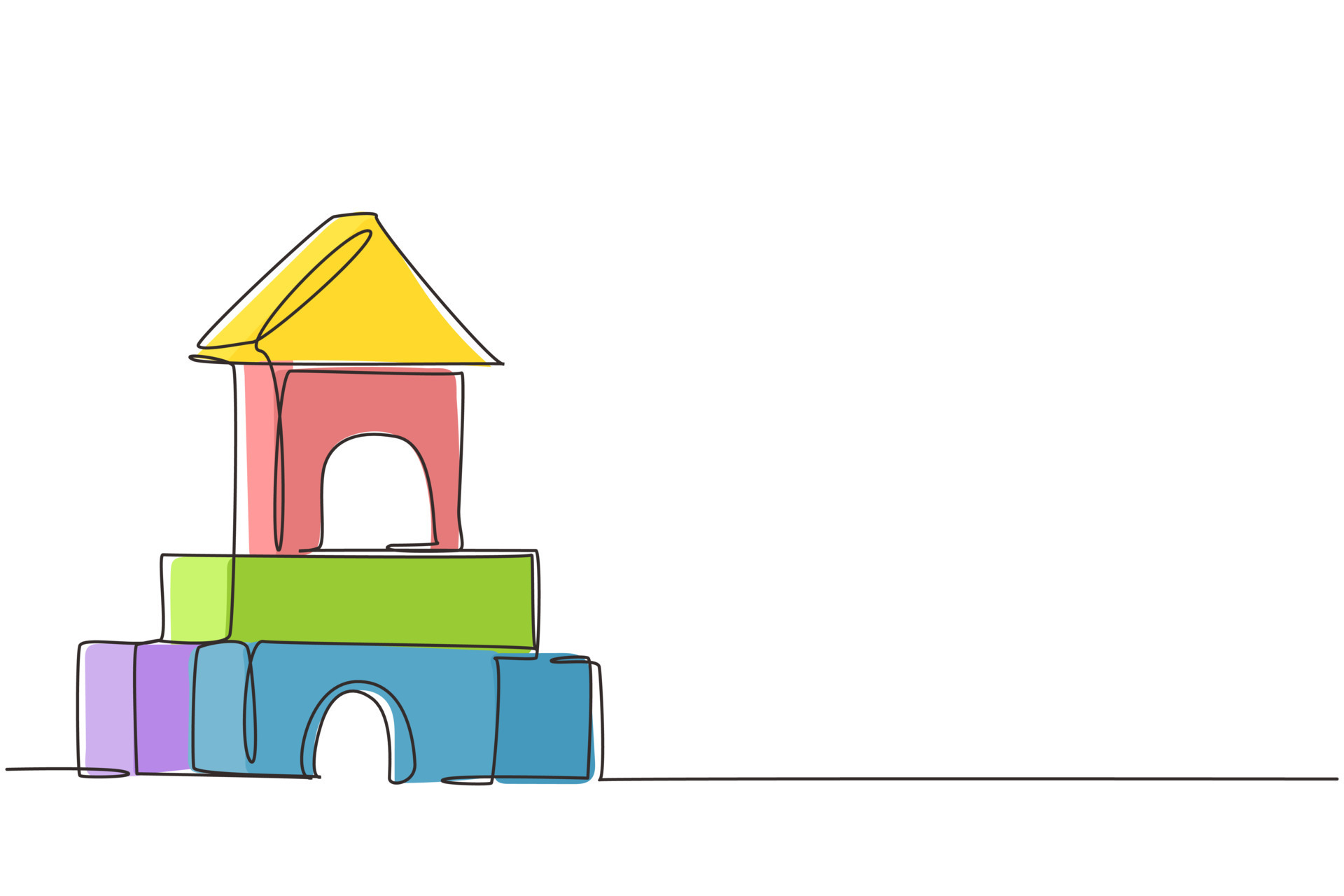Single one line drawing brick house. House made of wooden blocks