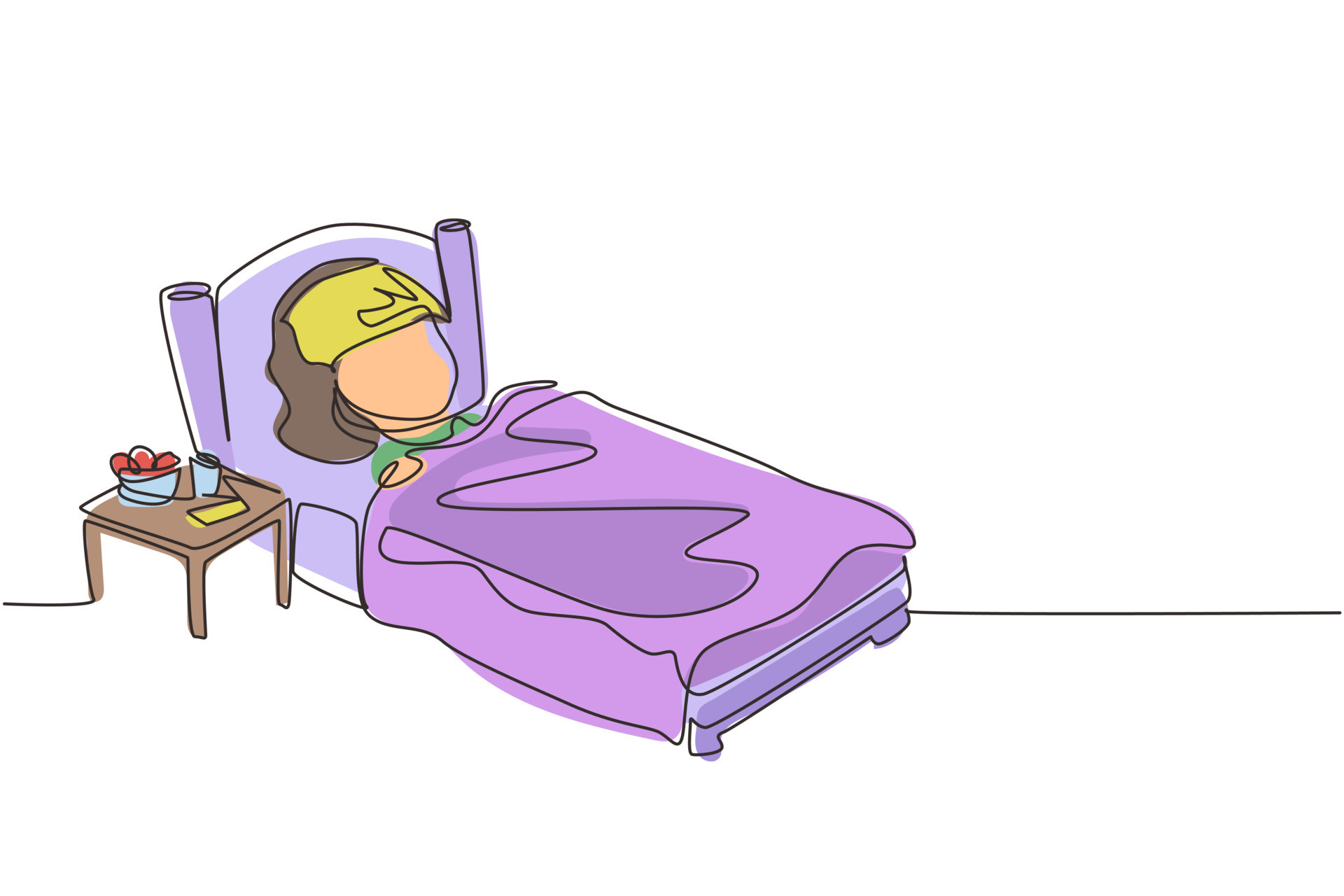 Single Continuous Line Drawing Sick Girl With High Fever Child Is Sick single-continuous-line-drawing-sick-girl-with-high-fever-child-is-sick