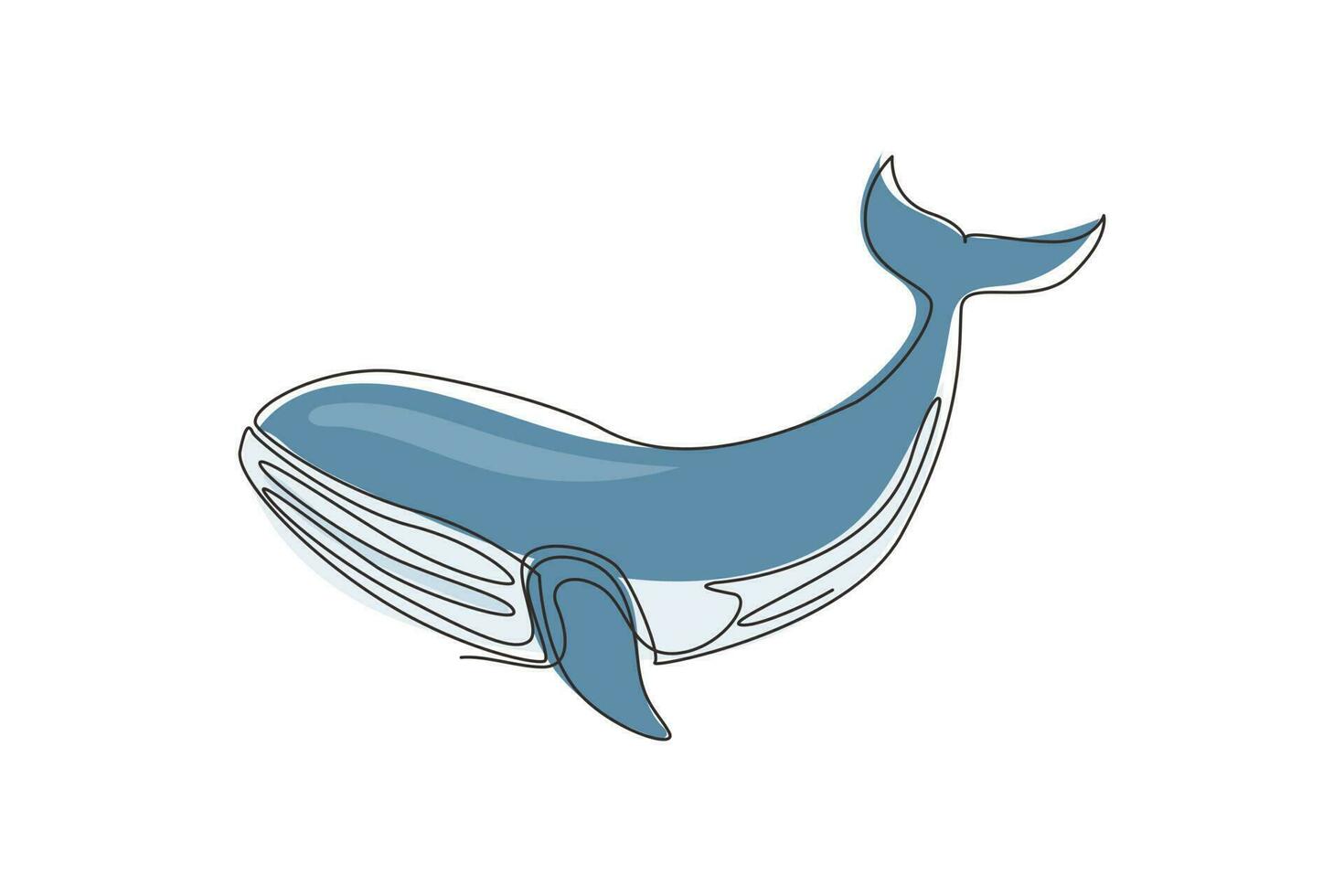 Single one line drawing wild whale fish swimming in sea life. Marine animal mascot for aquatic swimming pool. Blue whale under ocean water. Continuous line draw design graphic vector illustration