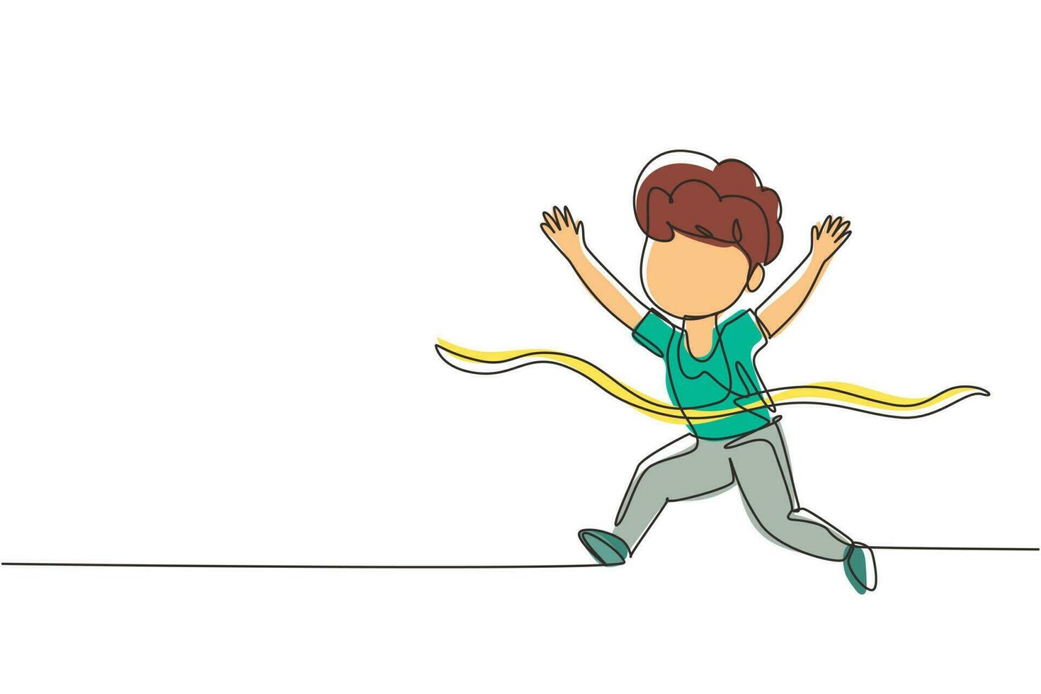 Single continuous line drawing cute boy run in race and win first place. Little kid running to finish line first, children physical activity concept. One line draw graphic design vector illustration