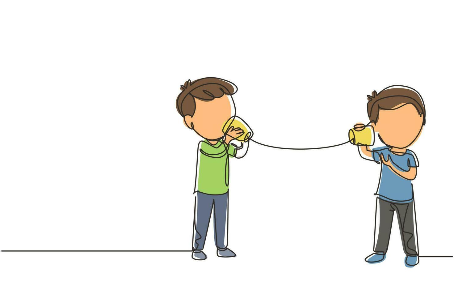un solo dibujo de línea continua los niños pequeños hablan usando un teléfono de cuerda. niños comunicándose a través del teléfono con vasos de papel. niños jugando con teléfono de lata. ilustración de vector de diseño gráfico de dibujo de una línea