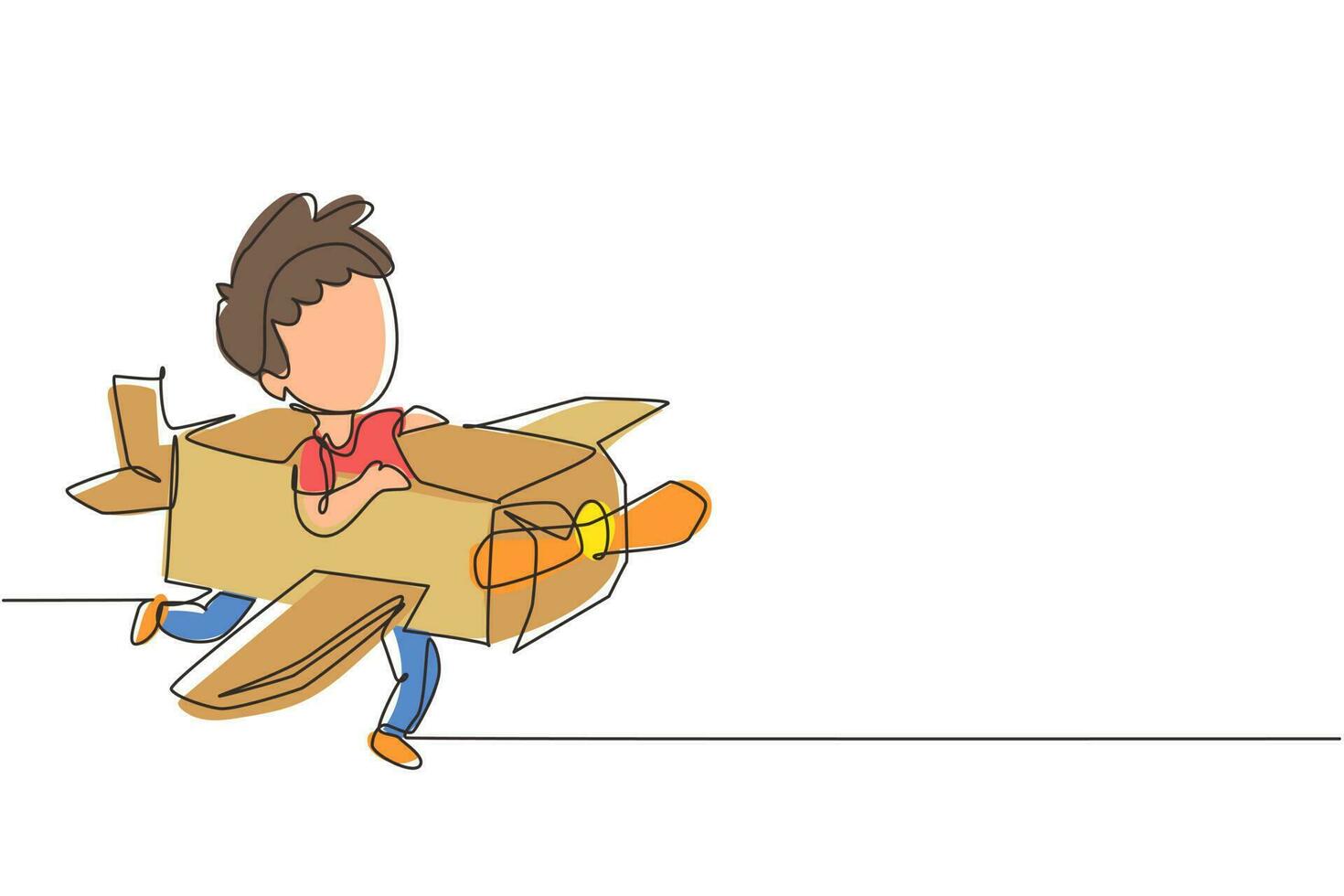 Single one line drawing creative boy playing as pilot with cardboard airplane. Happy kids riding cardboard handmade airplane. Plane game. Modern continuous line draw design graphic vector illustration