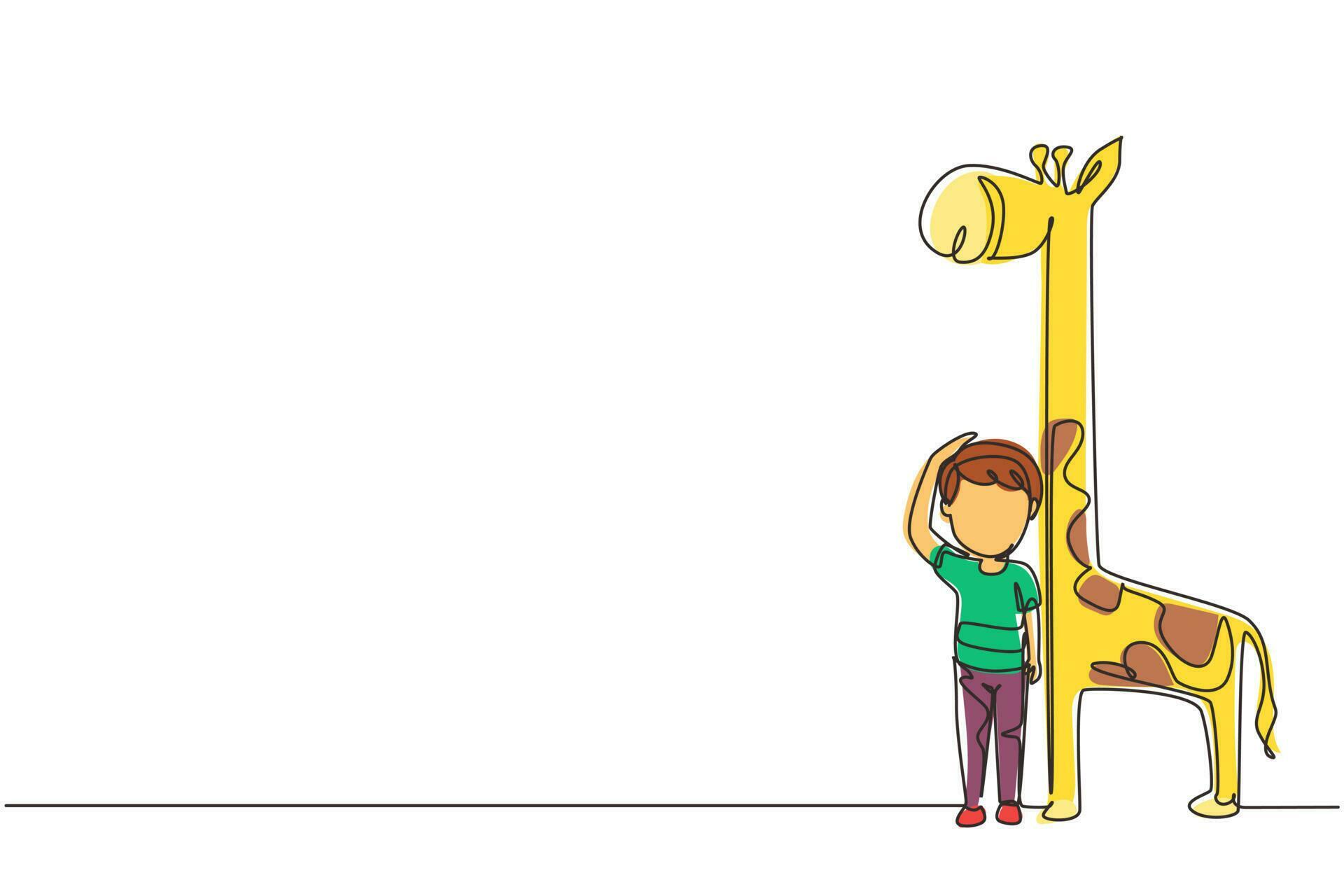 Single continuous line drawing little boy measuring his height with
