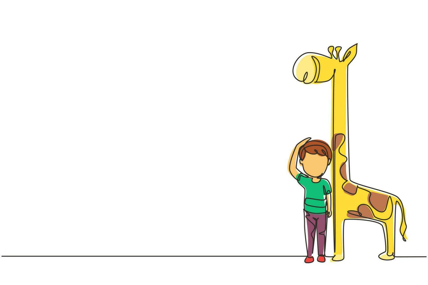 dibujo de una sola línea continua de un niño pequeño que mide su altura con un gráfico de altura de jirafa en la pared. el niño mide el crecimiento. niño midiendo altura. Ilustración de vector de diseño gráfico de dibujo de una línea dinámica