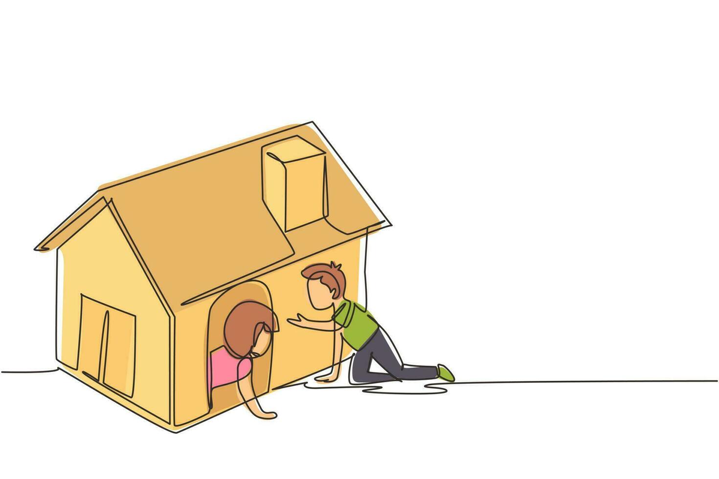 Continuous one line drawing kids playing cardboard box toy house together. Boy and girl playing in and out of toy home. Child sitting in playhouse. Single line draw design vector graphic illustration