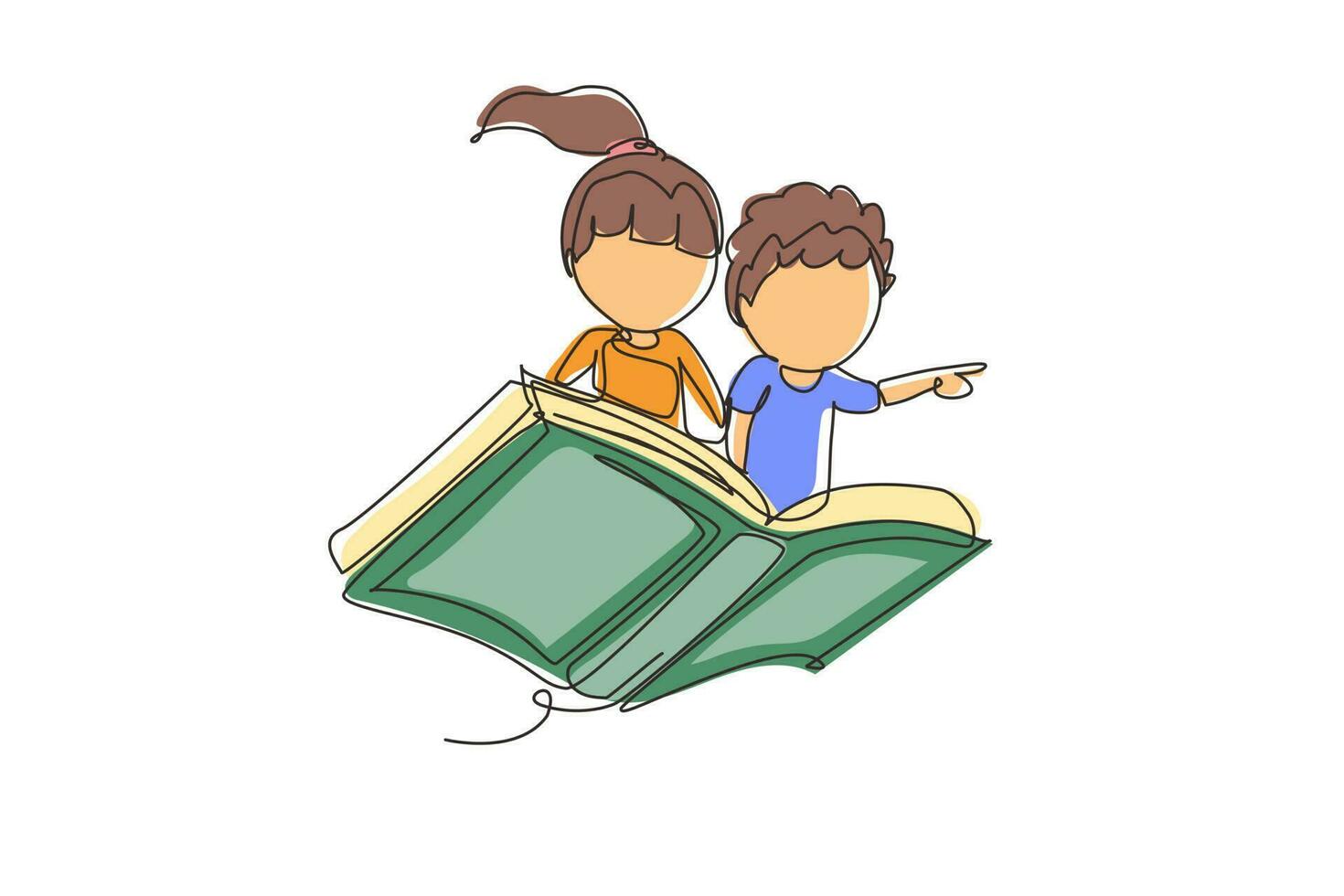Single one line drawing little boy and girl student or preschooler flying on magic book. Happy kids flying on the book. Knowledge power concept. Continuous line draw design graphic vector illustration