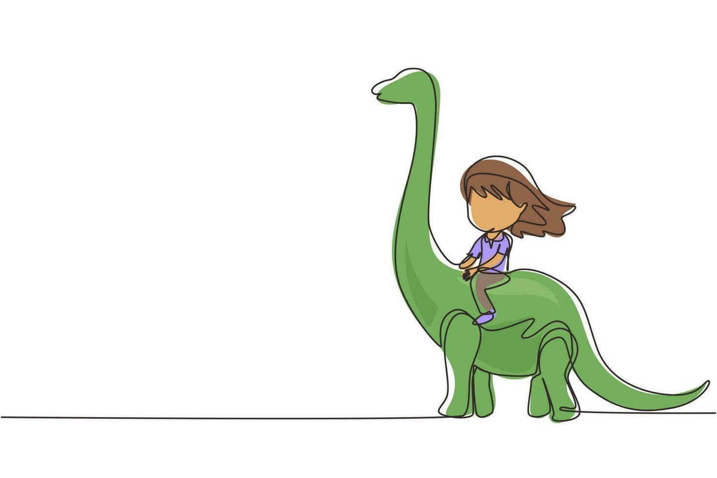 Single continuous line drawing little girl caveman riding brontosaurus. Young kid sitting on back of dinosaur. Ancient human life concept. Dynamic one line draw graphic design vector illustration