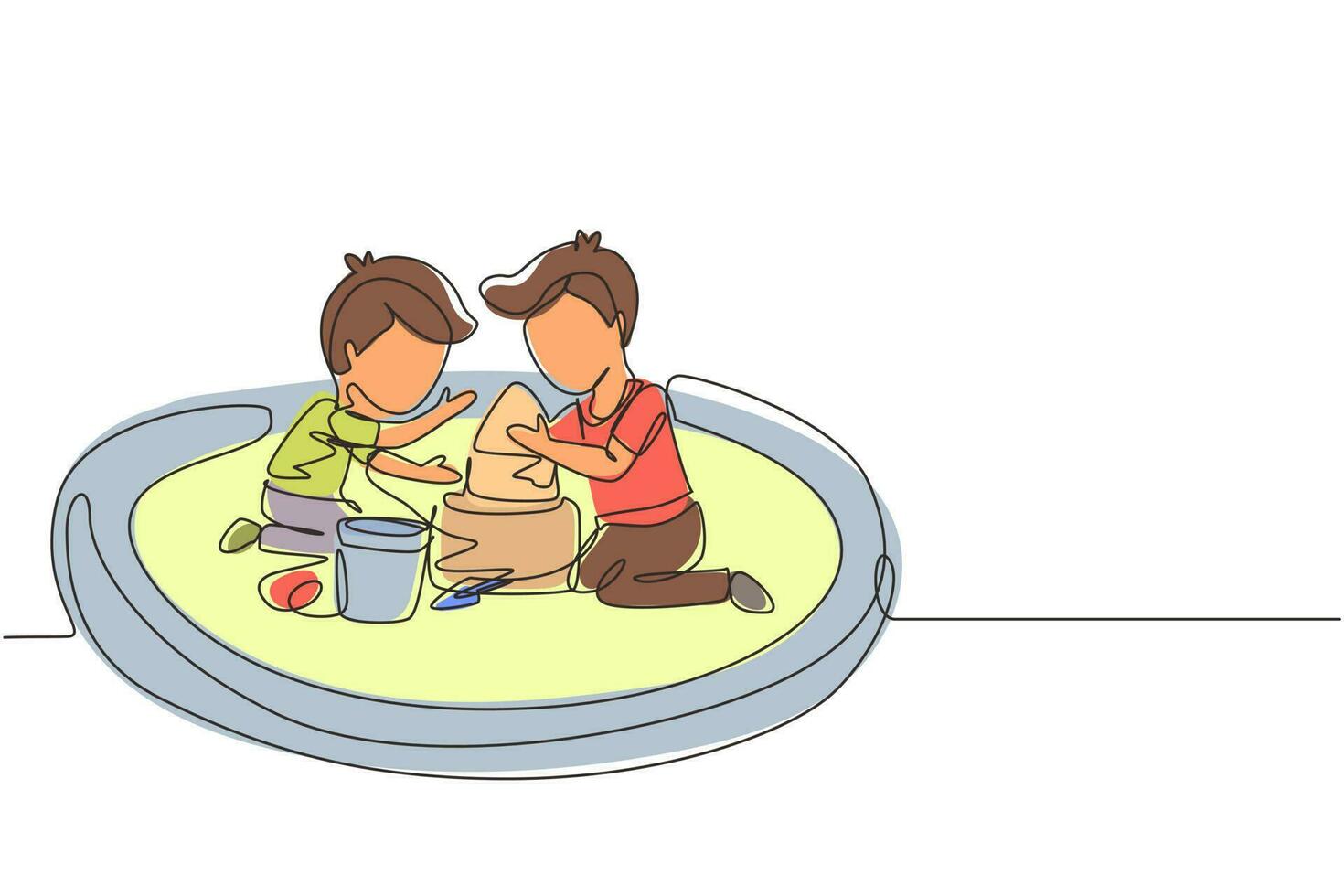 Single continuous line drawing two little boys build sandcastle together. Children sitting on sandbox and playing with sand castle. Brothers or friends having fun. One line draw graphic design vector