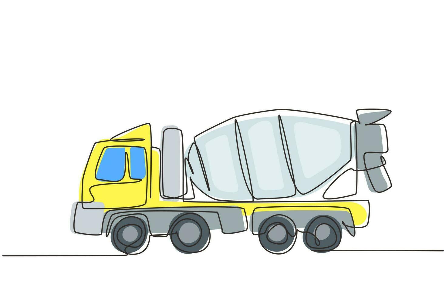 Single continuous line drawing Concrete mixer truck with view from side. Heavy automobile. Auto in flat design. Children's toy mixer truck. Dynamic one line draw graphic design vector illustration