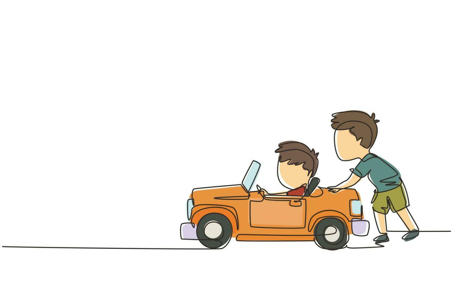 Continuous one line drawing a boy is pushing his friend's car in the road. Kids play with big toy car together. Sibling having fun with at backyard. Single line draw design vector graphic illustration